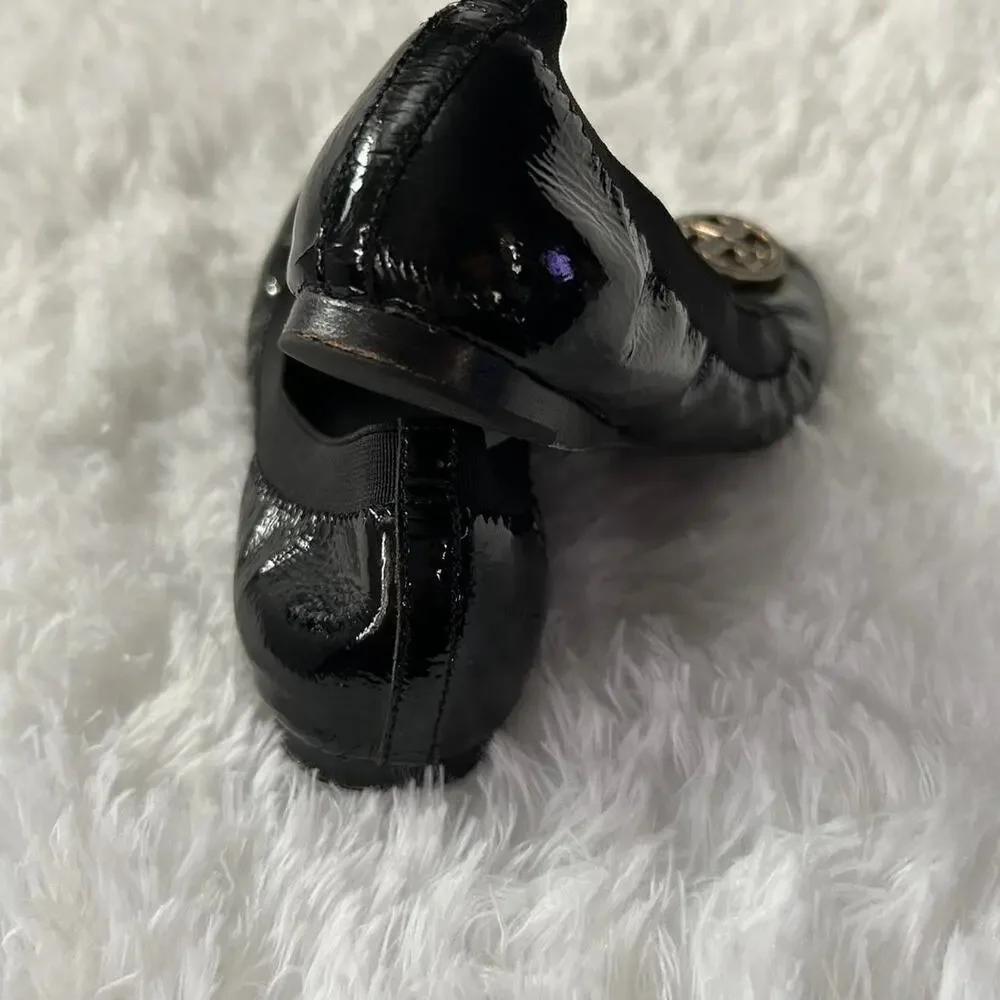 Chic Comfy Tory Burch Black Patent Leather Ballet Flats Slip on Gold Logo 6 M